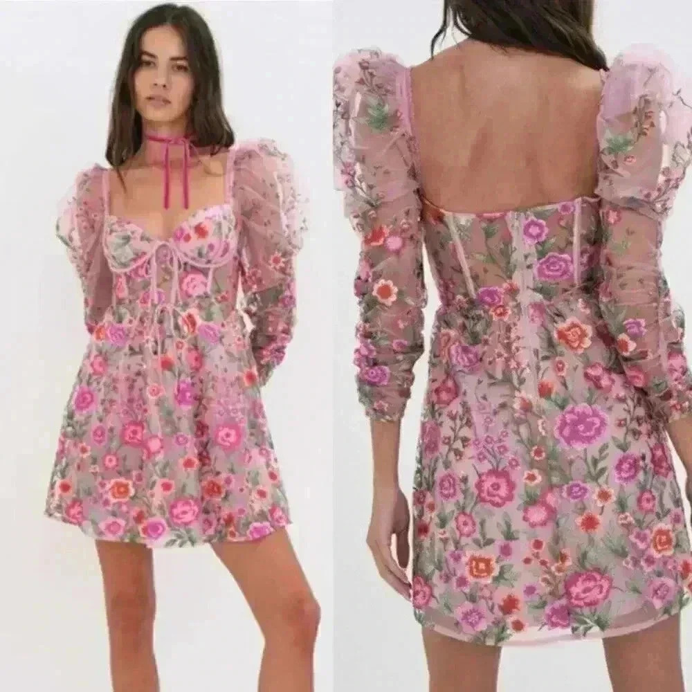 NWT For Love & Lemons Tayla Ruffle Corset Embroidered Puff Sleeve Dress Size XS - Picture 3 of 16